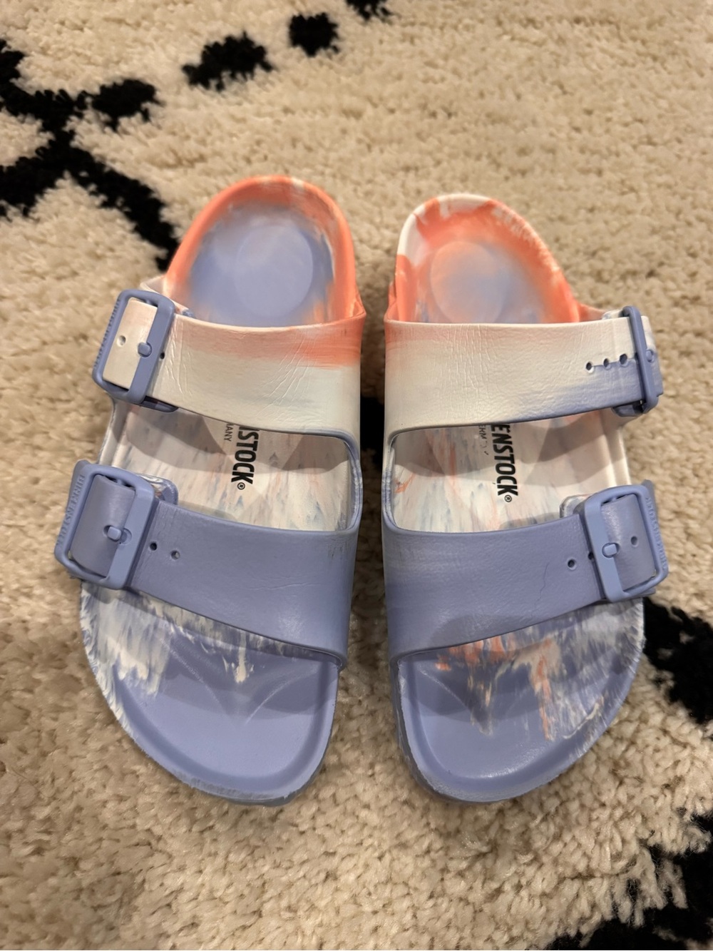 Birkenstock women’s Arizona Sandals in Lavender & White-Orange Tie-Dye